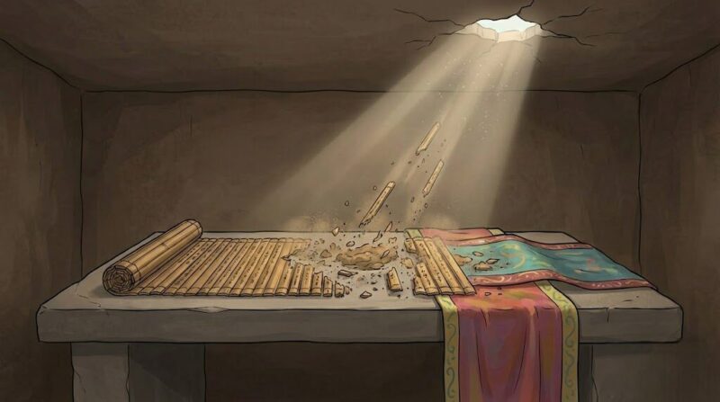 地下宮殿にある竹簡と絹の危機